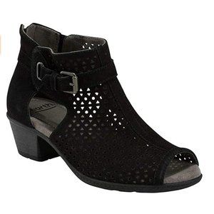 Earth Marietta Seren Ankle Booties Black Suede Perforated Peeptoe Zip 8.5W